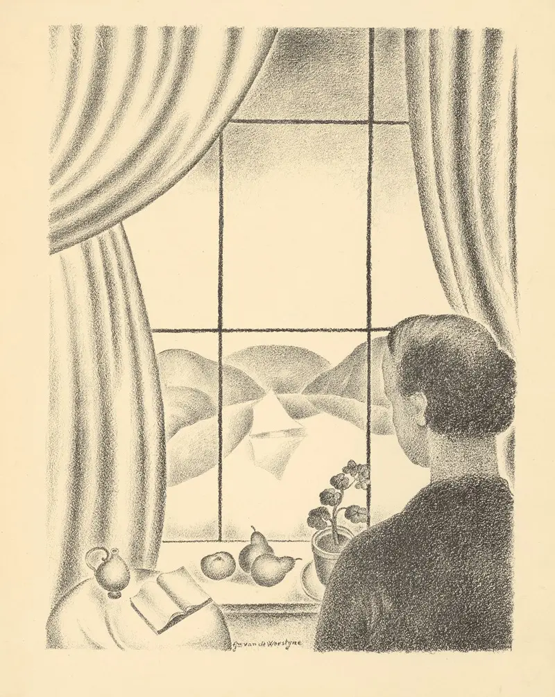 A solitary painter gazes out of a window, brush in hand, in a sparse interior.