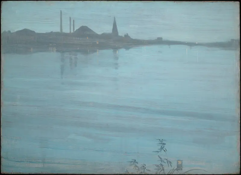 A silhouetted skyline of buildings and chimneys reflected in calm blue water beneath a pale blue sky with a pointed spire near center right.