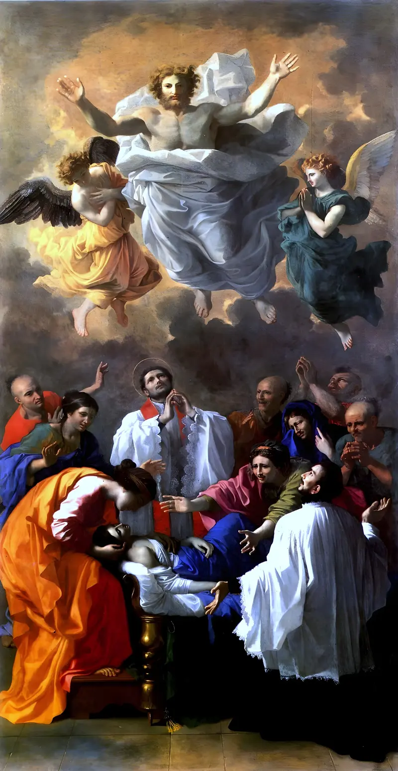 Saint Francis Xavier blesses a dying man surrounded by a desperate crowd in a dramatic scene.