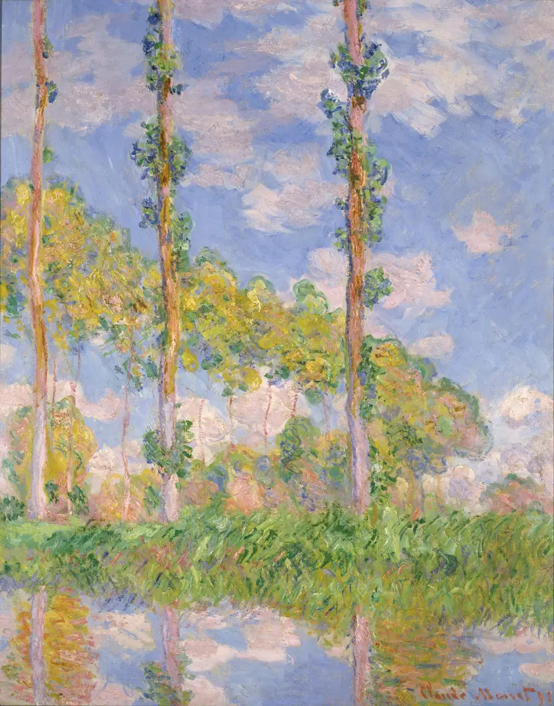 Three tall poplar trees with pink, ochre, and blue trunks stand by a riverbank under a swirling sky with clouds, reflected in the water below.
