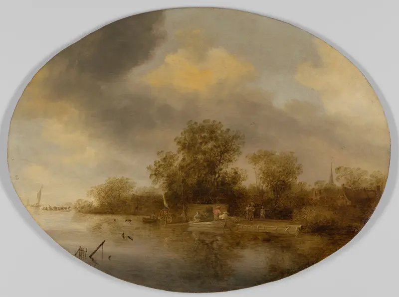Landscape with boats and figures, oil on panel by Salomon van Ruysdael