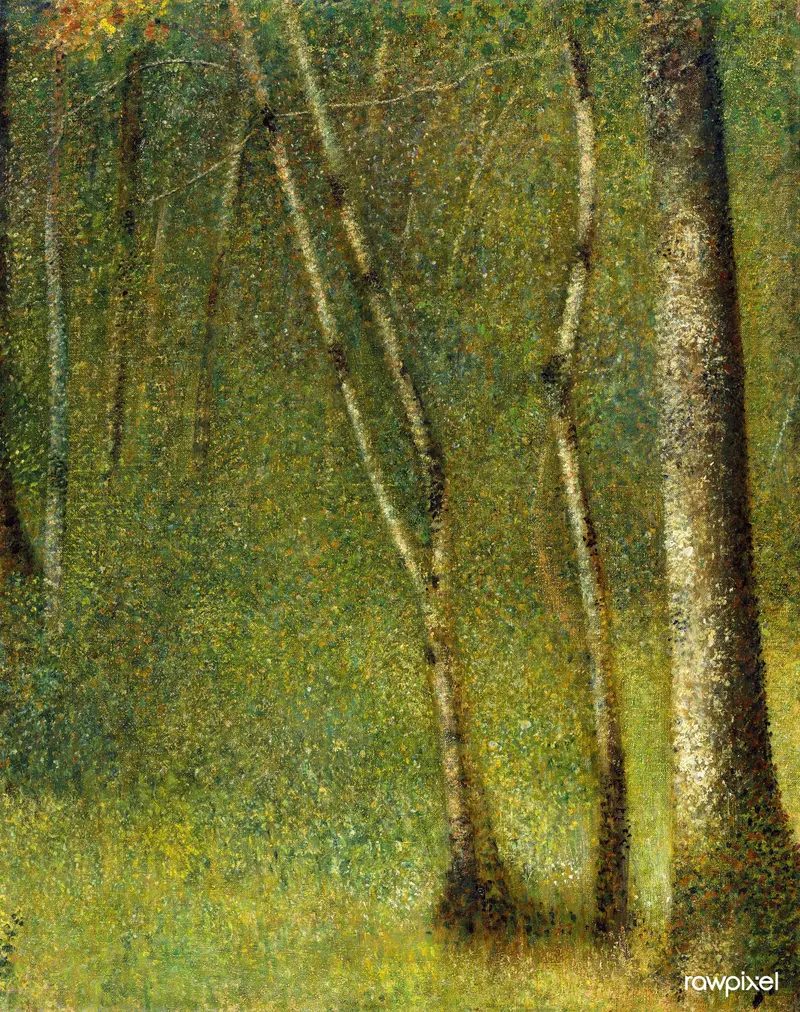 The Forest at Pontaubert by Georges Seurat, oil on canvas showing sunlight through trees.