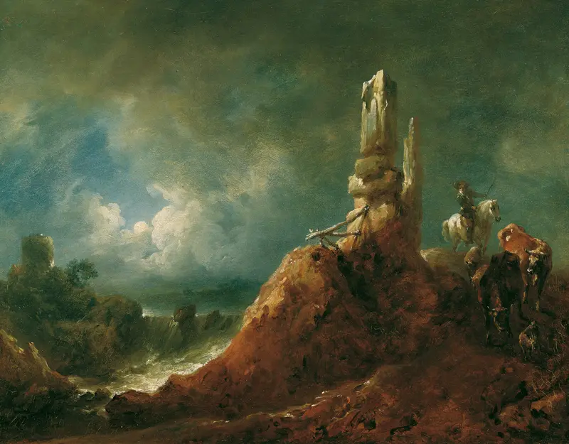 Landschaft mit Ruine und Reiter bei Mondschein by Johann Christian Brand, oil painting depicting a rider near ruins.