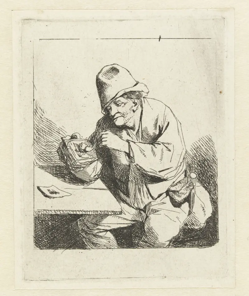 Seated man smoking a pipe, etching by Cornelis Pietersz. Bega