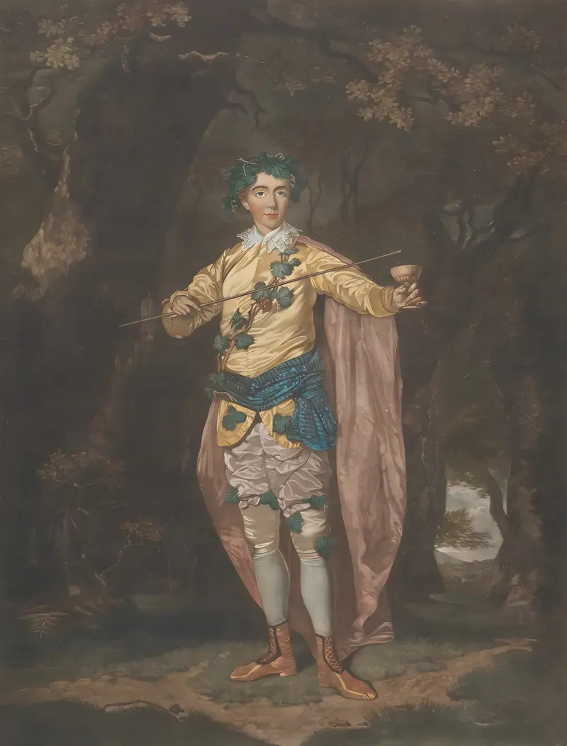 A depiction of Anthony Webster as Comus, showcasing vibrant colors and theatrical elements.