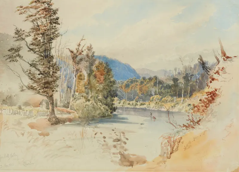 Upper Hutt Valley by Nicholas Chevalier, oil on canvas depicting lush hills and dappled light.