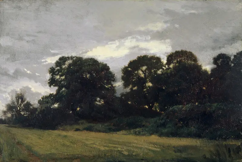 Landscape with Trees by Théodore Rousseau, oil painting depicting oak trees and serene nature.