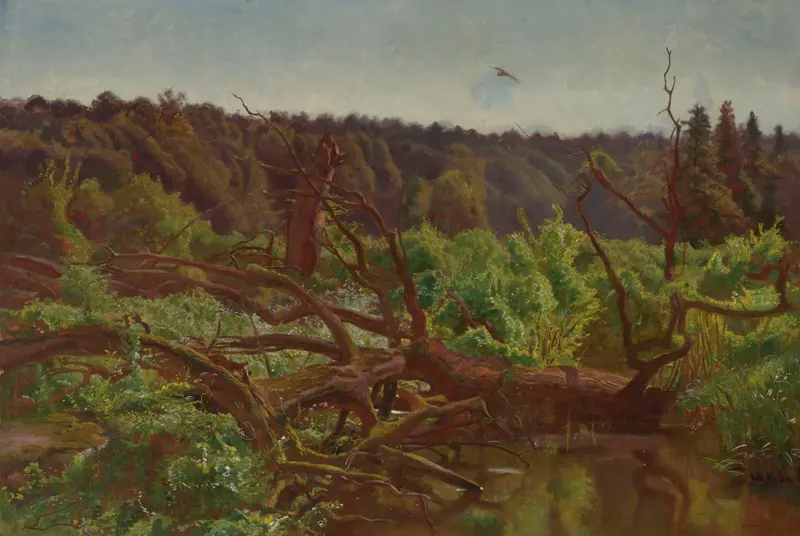 Wilderness; Forest Windfalls by Jozef Chelmonski, oil on canvas depicting a serene forest scene.