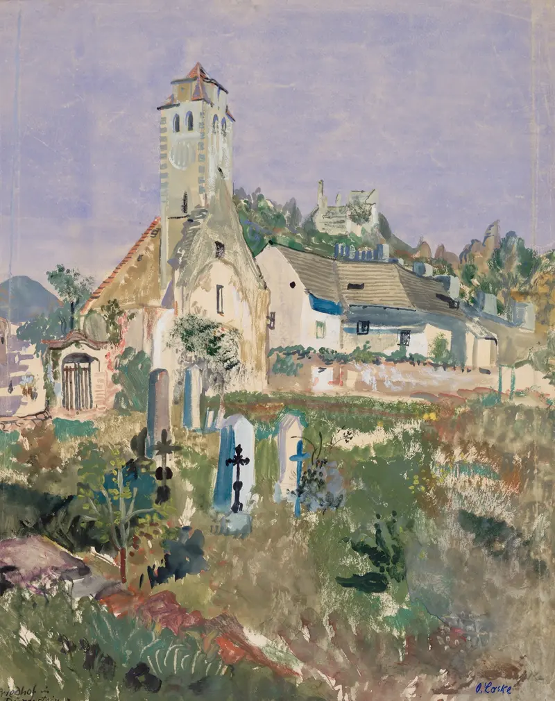 Oil painting by Oskar Laske depicting a gravestone surrounded by greenery