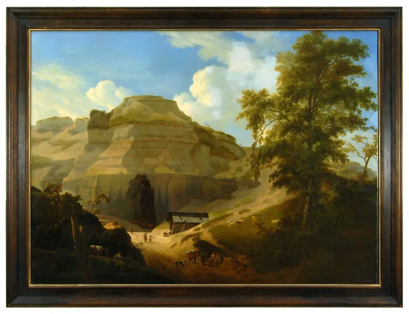 A sweeping view of a stone quarry with cattle and figures, sunlight illuminating the cliffs and a lone tree.
