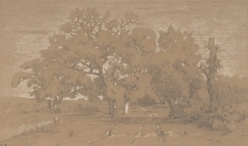 Landscape by Théodore Rousseau, oil painting featuring a rugged path and weathered trees.