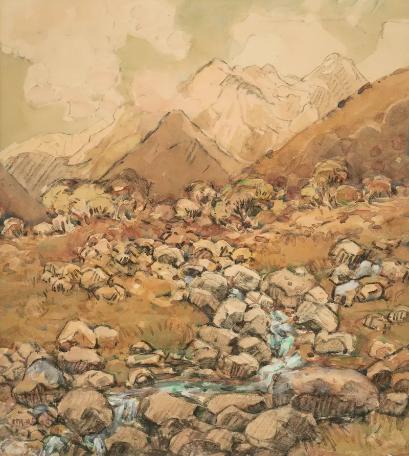Landscape oil painting by Margaret Stoddart featuring Mount Cook and wildflowers