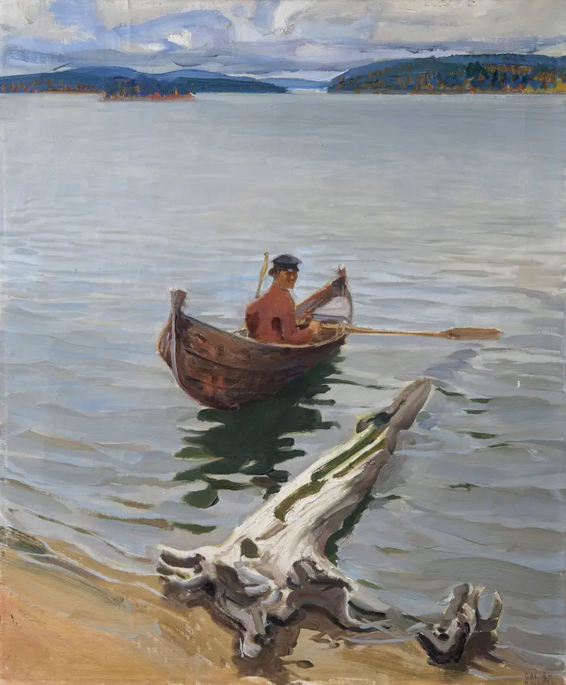 Rower on the lake by Akseli Gallen-Kallela, impressionism, depicts a lone figure gliding across a serene lake