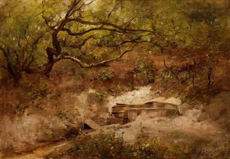 An Apple Tree at a Stream by Maksymilian Gierymski, realism, depicting a lush apple tree by a stream