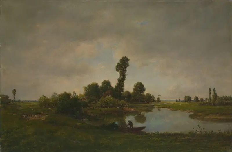 A River Landscape by Théodore Rousseau, oil painting depicting serene hills and water.