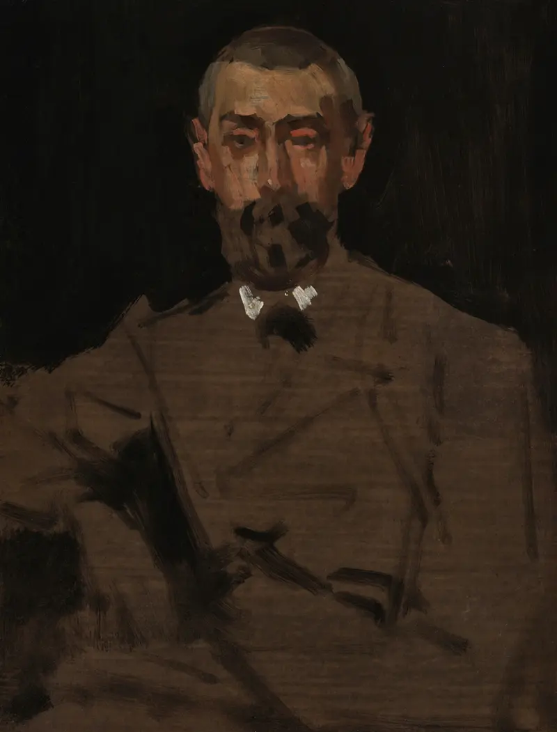 A half-formed face emerges from darkness, with swift brushwork and an unfinished quality.