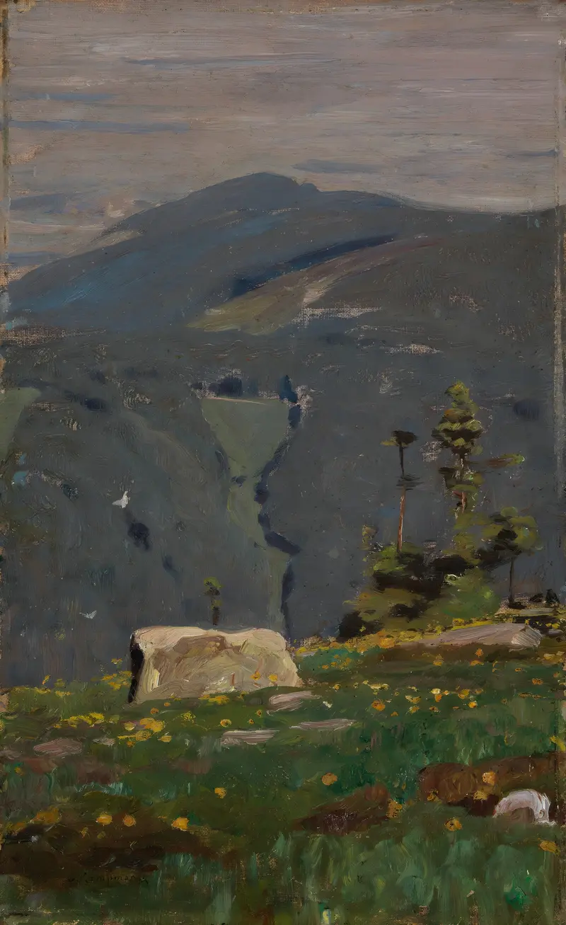 Landscape oil painting by Gustav Kampmann featuring twilight sky and rolling hills.