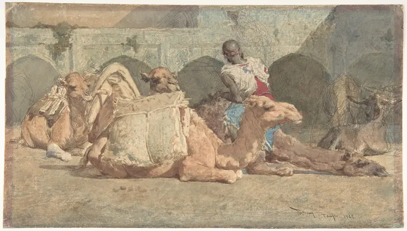 A serene scene of camels resting in Tangiers, showcasing the beauty of the desert landscape.