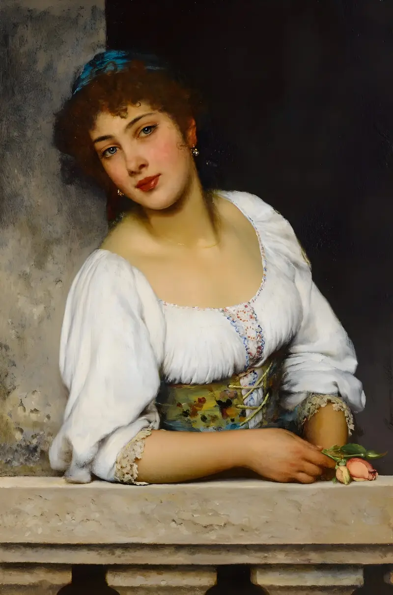 A young girl gazes out of a window in this painting by Eugen von Blaas.