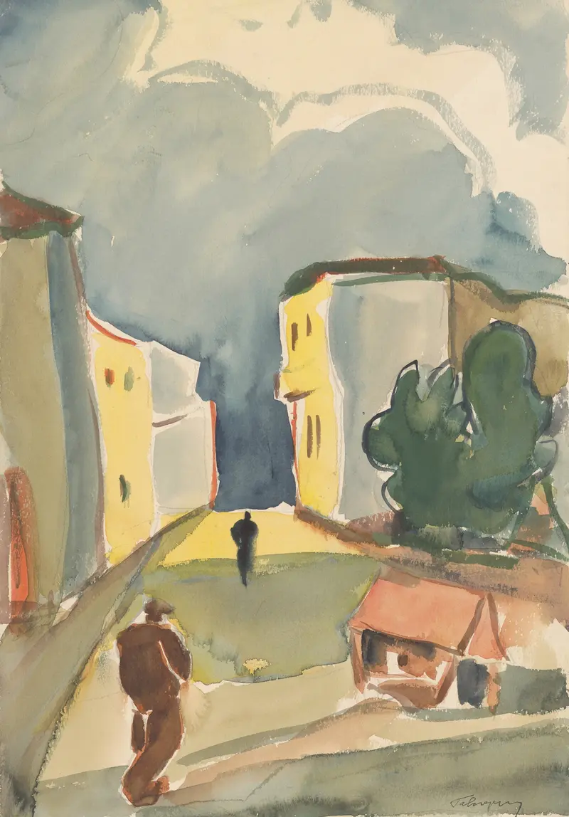 Two Pedestrians by Zolo Palugyay, medium unknown, depicting urban figures in muted tones.