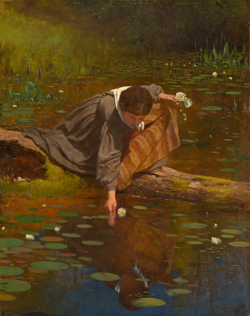 A serene depiction of a young girl gathering lilies in a lush garden.