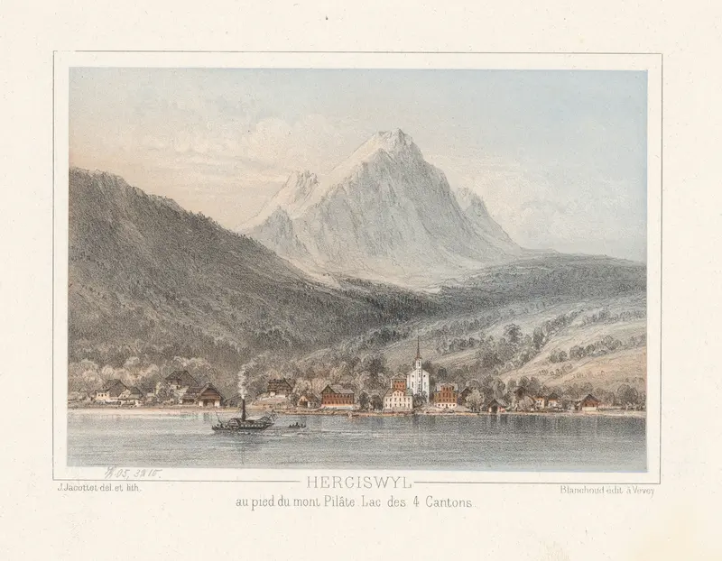 Landscape oil painting by Jean Jacottet featuring a tranquil lake and mountains