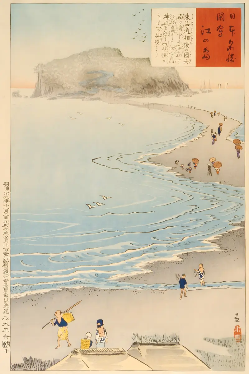 Ukiyo-e of Enoshima Island at twilight by Kobayashi Kiyochika