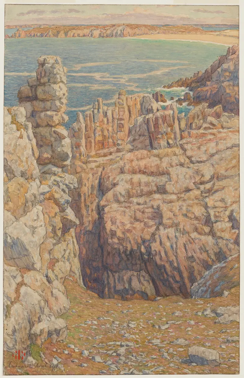 Falaises de Camaret by Henri Rivière, depicting rugged cliffs and a luminous sky.