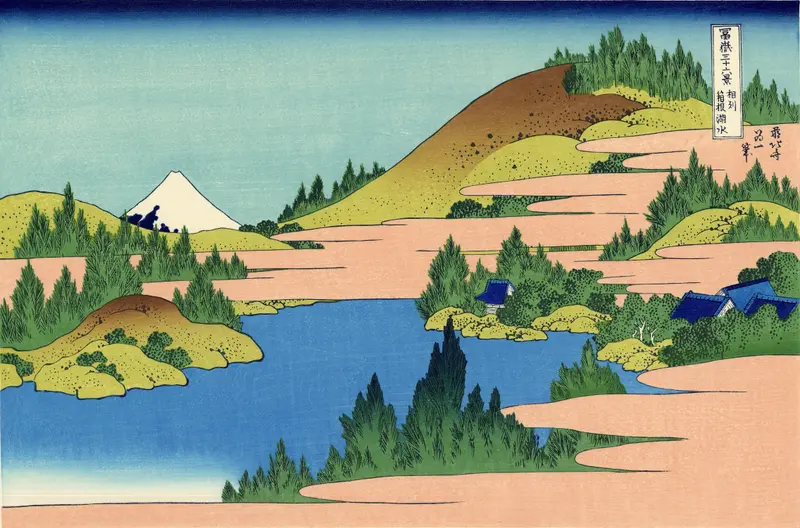 Ukiyo-e by Katsushika Hokusai depicting tranquil water and distant mountains