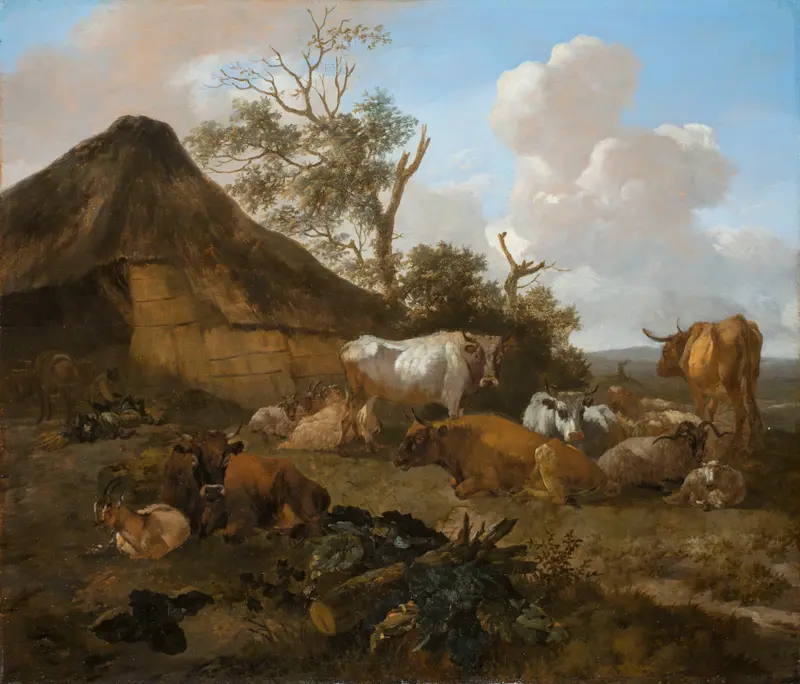 Landscape with Animals Resting by Willem Romeyn, depicting deer and wildlife in a serene setting.