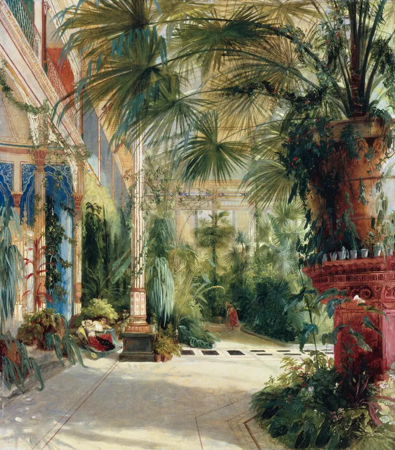 The Interior of the Palm House by Carl Blechen, oil painting depicting lush foliage and light interplay.