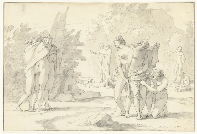 Diana en haar gezellinnen, oil on canvas by Unknown Artist, featuring a goddess with her companions.