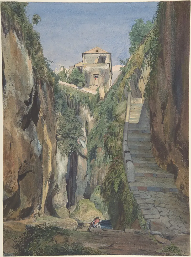 A Glen in Sorrento by Thomas Hartley Cromek, oil painting depicting a lush landscape with a winding path.