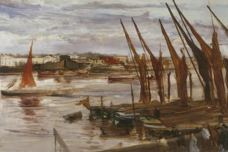 A lively river scene with moored boats, a glowing red sail, and small figures on the riverbank.