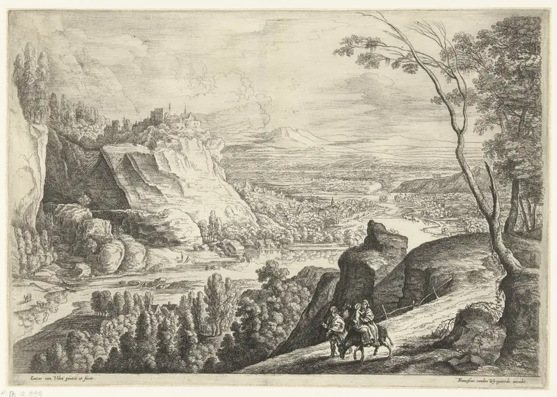 Landschap met de vlucht naar Egypte, etching by Lucas van Uden, featuring rolling hills and trees.