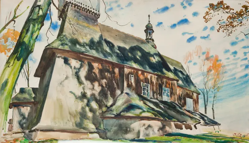 Church in Osiek by Julian Falat, oil on canvas, depicting a village church with surrounding nature