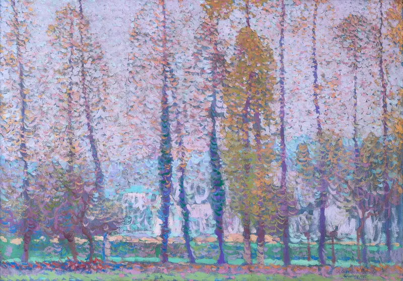 Pappelallee in Giverny by Charles Johann Palmié, oil on canvas featuring poplar trees and a winding path.