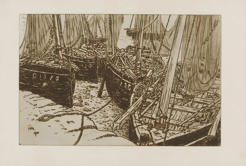 Henri Rivière's painting depicts boats at low tide in Tréboul harbor.
