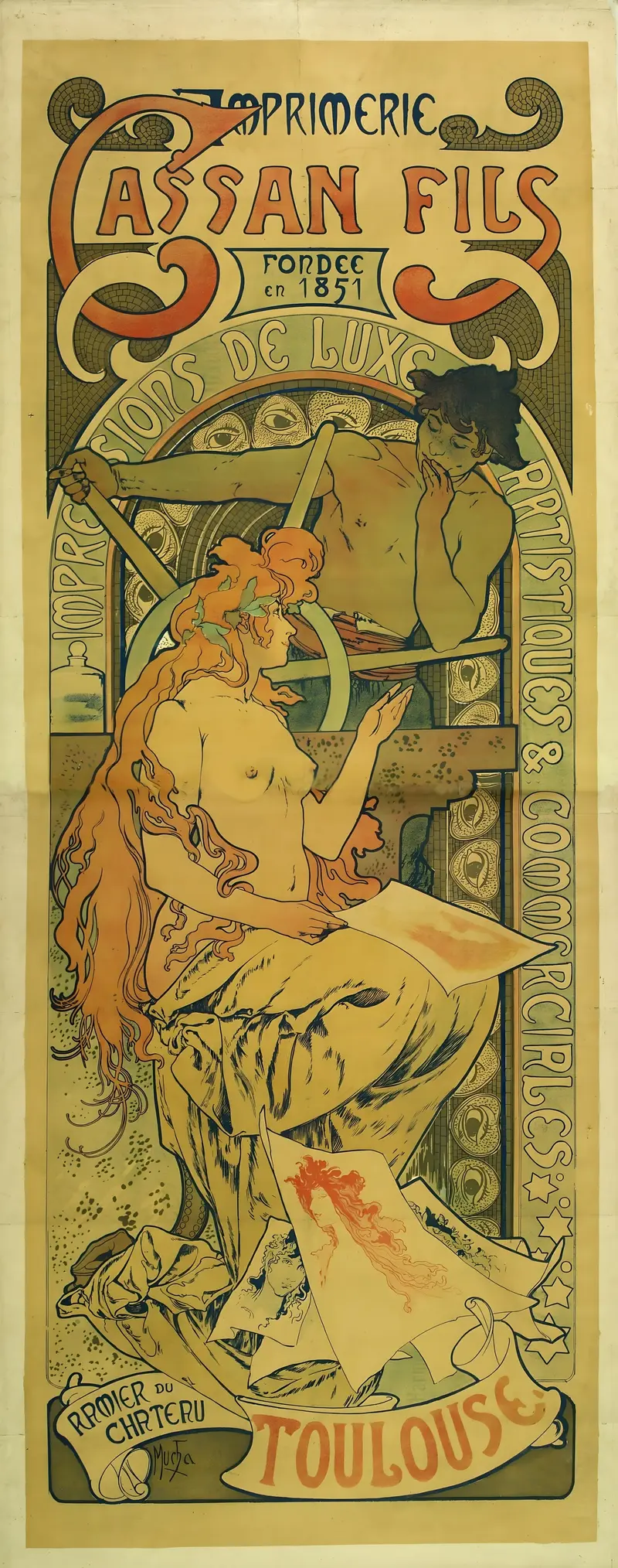 Alphonse Mucha's artwork features intricate designs and vibrant colors typical of the Art Nouveau style.