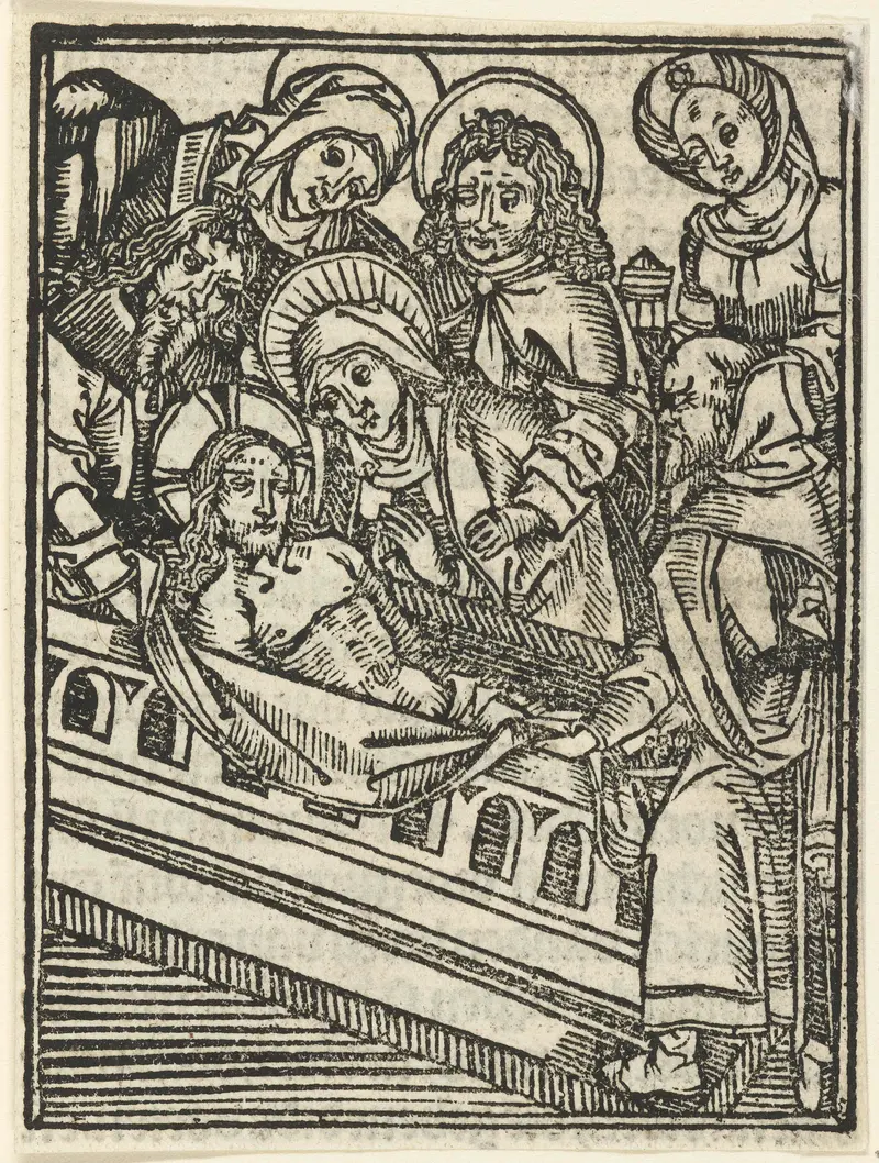 Religious scene with somber figures and gold accents, paper by Meester van de Delbecq-Schreiber-Passie