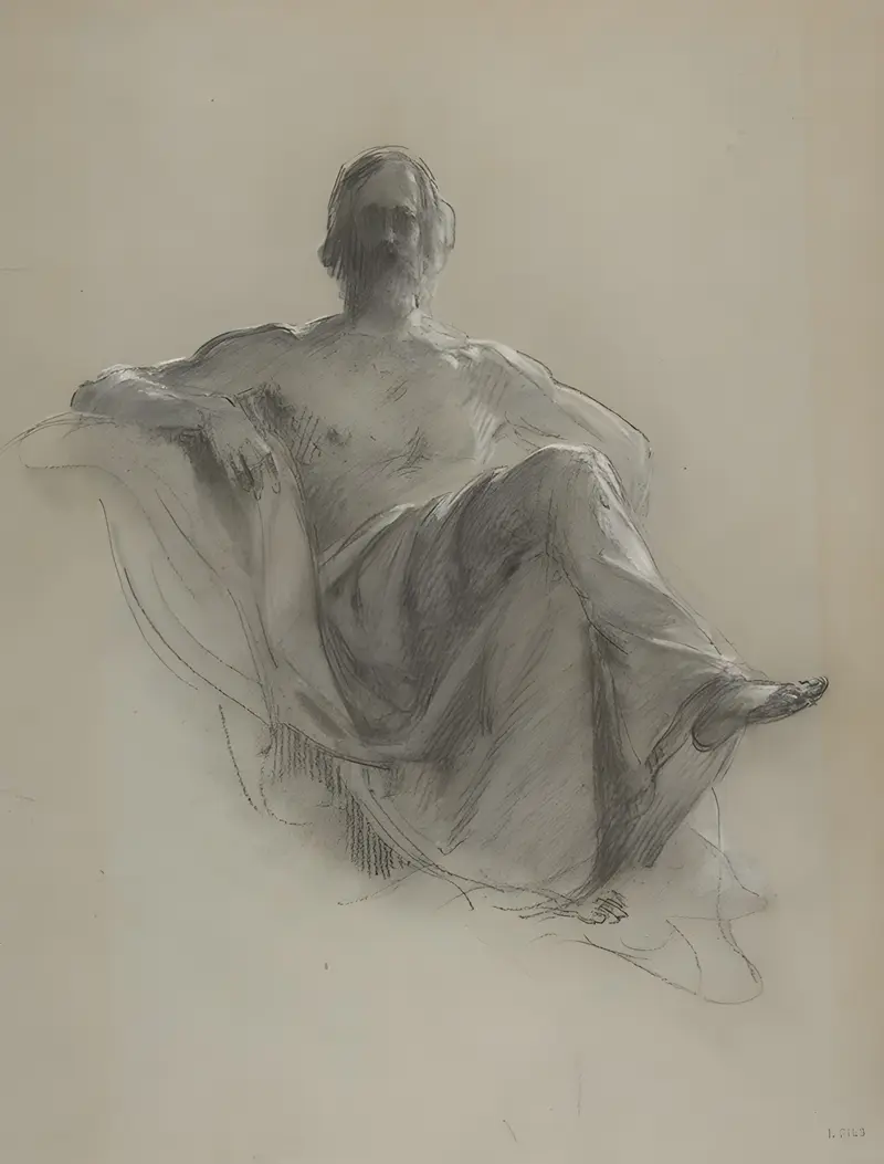 A seated bearded man, nude to the waist, depicted in a classical style.