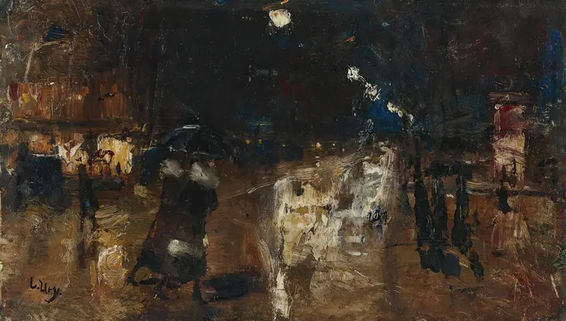 Rainy Street by Lesser Ury, oil on canvas depicting figures on a wet street
