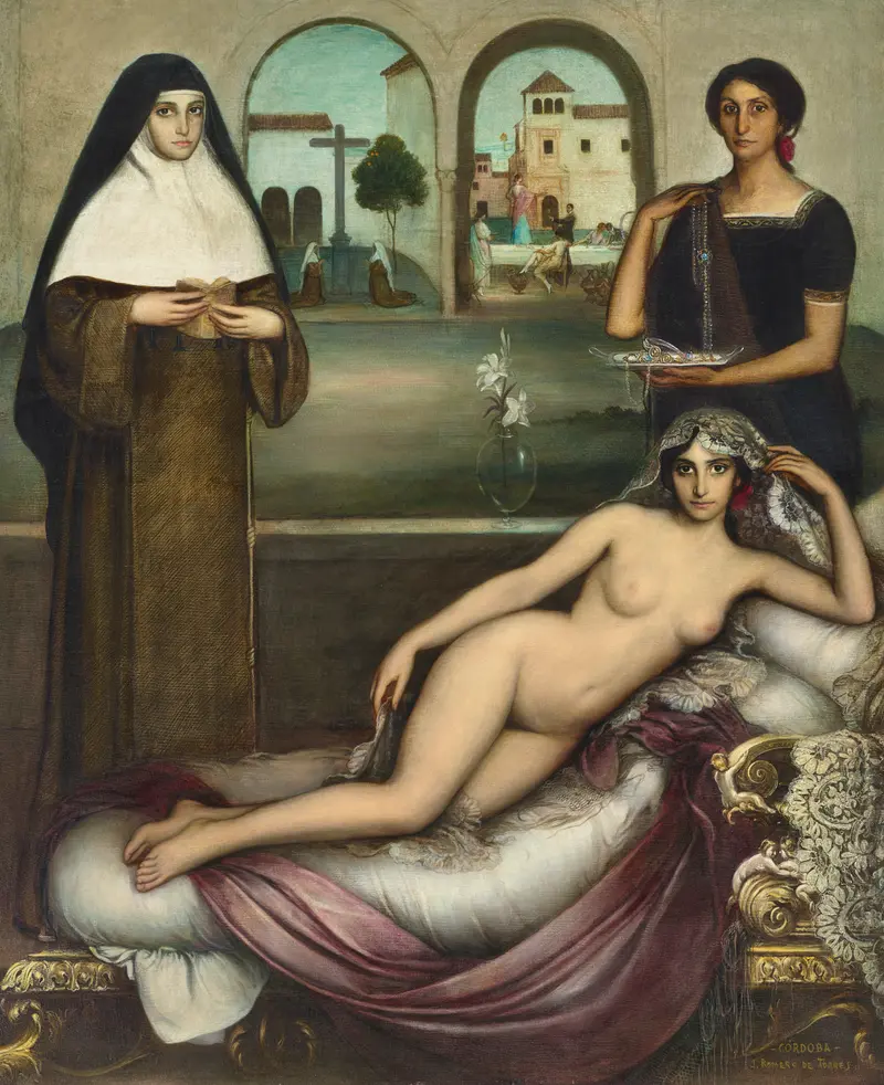 A painting by Julio Romero De Torres depicting two paths in a dreamlike landscape.