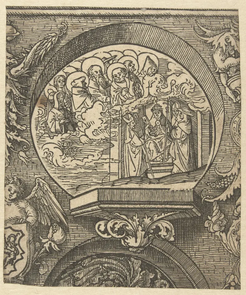 Religious scene with figures in devotion, paper artwork by Jacob Cornelisz van Oostsanen