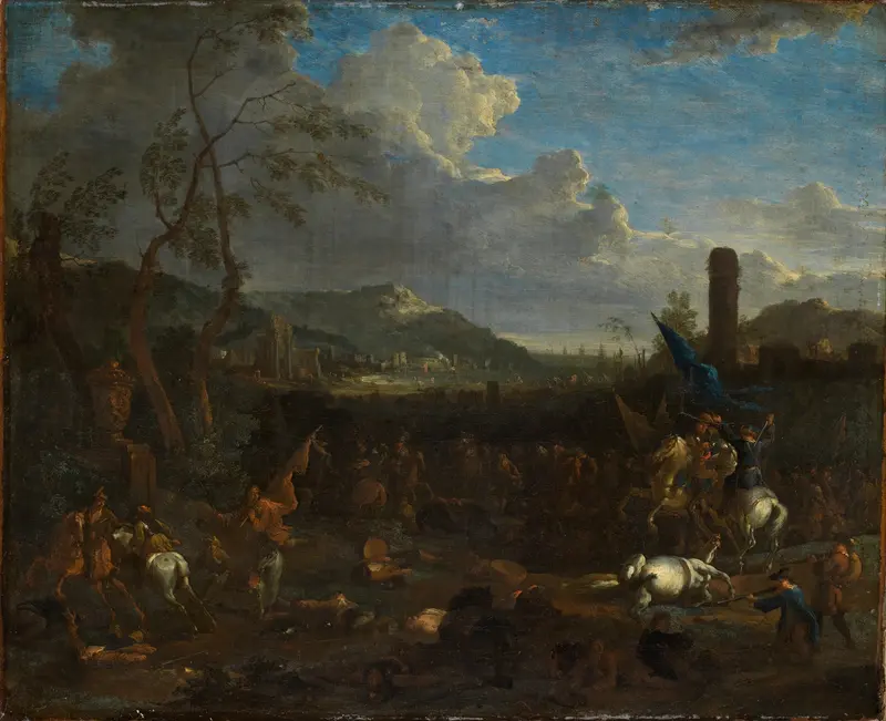 Gefecht an einer südlichen Meeresküste by Jasper Broers, oil on canvas depicting a stormy sea and battle
