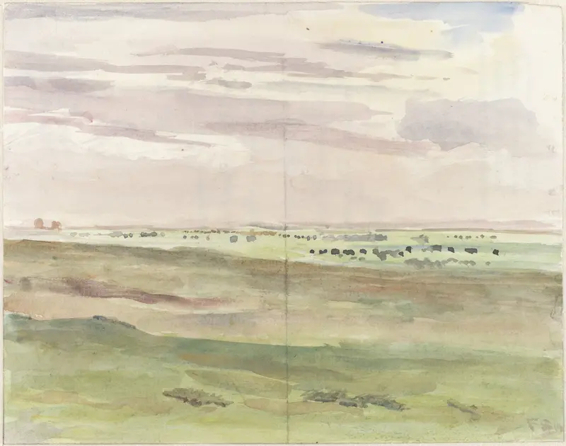 Weidelandschap met kudden by Frans Smissaert, oil on canvas depicting a tranquil landscape with cattle.
