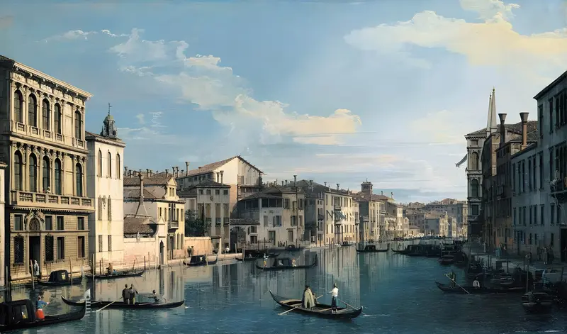 A vibrant depiction of the Grand Canal in Venice, showcasing gondolas and architecture under a bright sky.