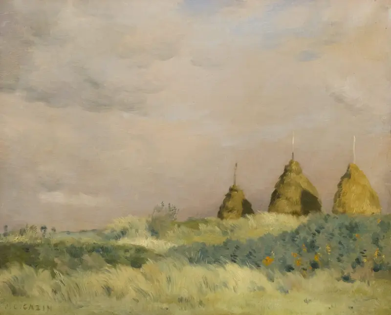 Landscape with hay stacks in golden light by Jean Charles Cazin, oil painting