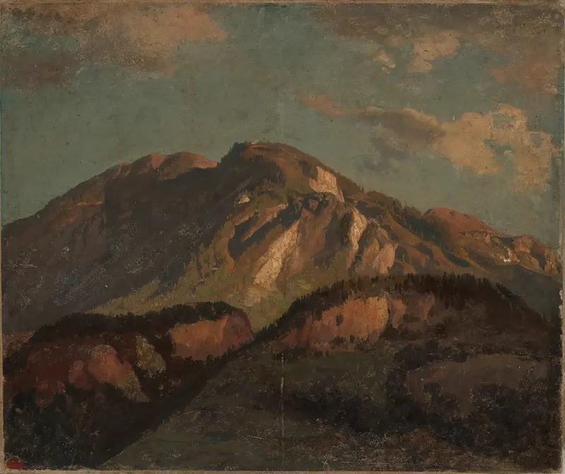 Landscape oil painting by Johann Wilhelm Schirmer featuring mountains and hills.