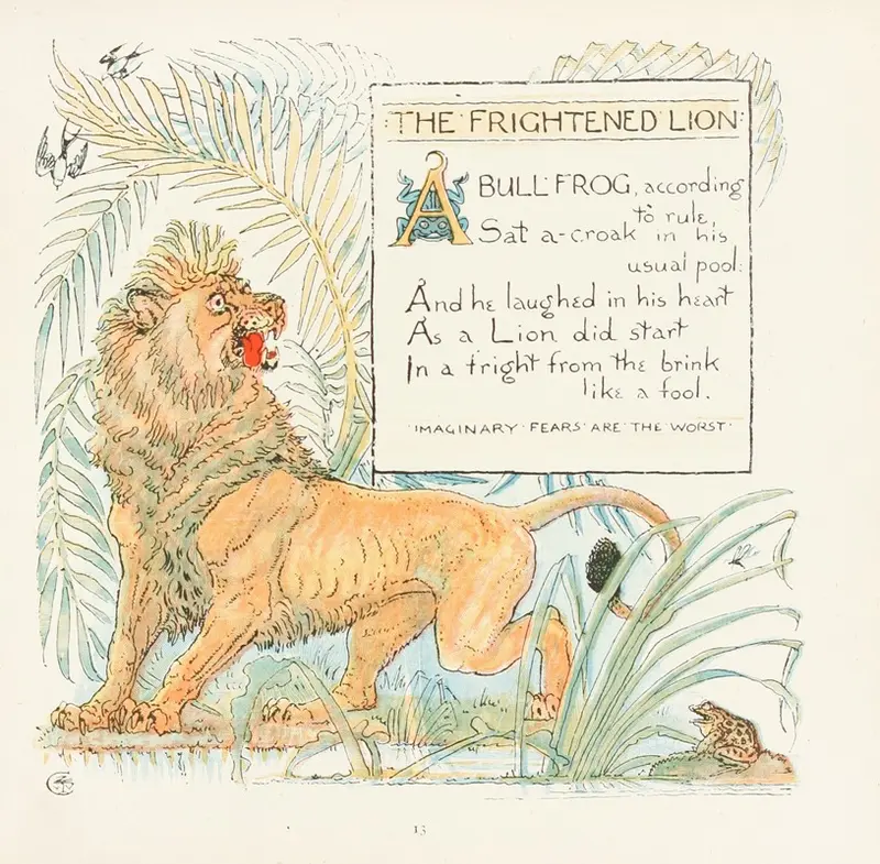 A painting of a frightened lion, showcasing its expressive features.
